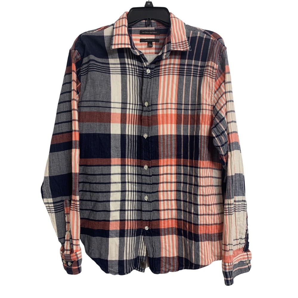 Banana Republic Shirt  Large Untucked Slim Fit Plaid Cotton Navy Coral L